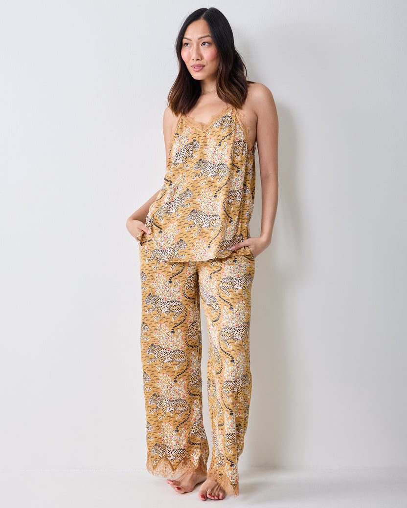 Front view of the tobacco Bagheera Eco Satin Georgia set, with a patterned camisole and matching pants.