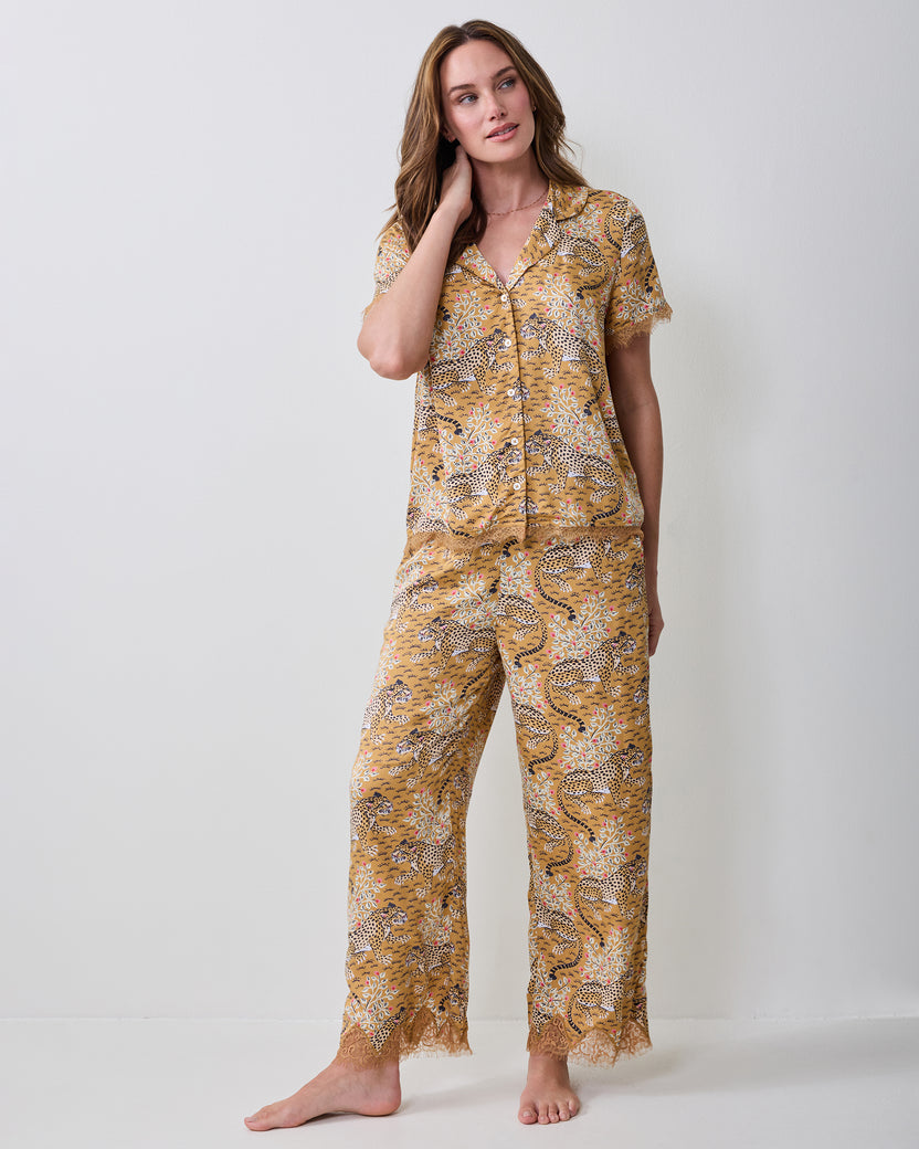 Full-length view of the Bagheera Tobacco Jackie pajama set with a short-sleeve button-down top and lace-trimmed pants.