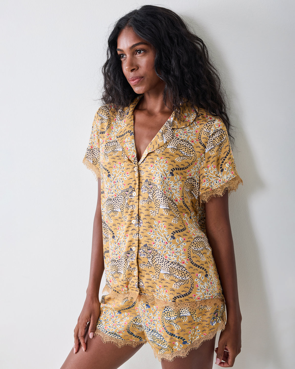 Front view of the tobacco Bagheera Maryanne set with a collared button-front top and matching lace-trimmed shorts.