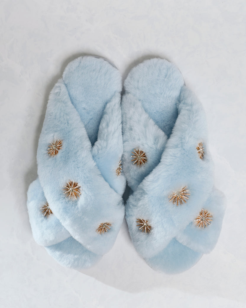 Dusty Blue - Sheepskin Slippers with Rhinestones - Pissenlit