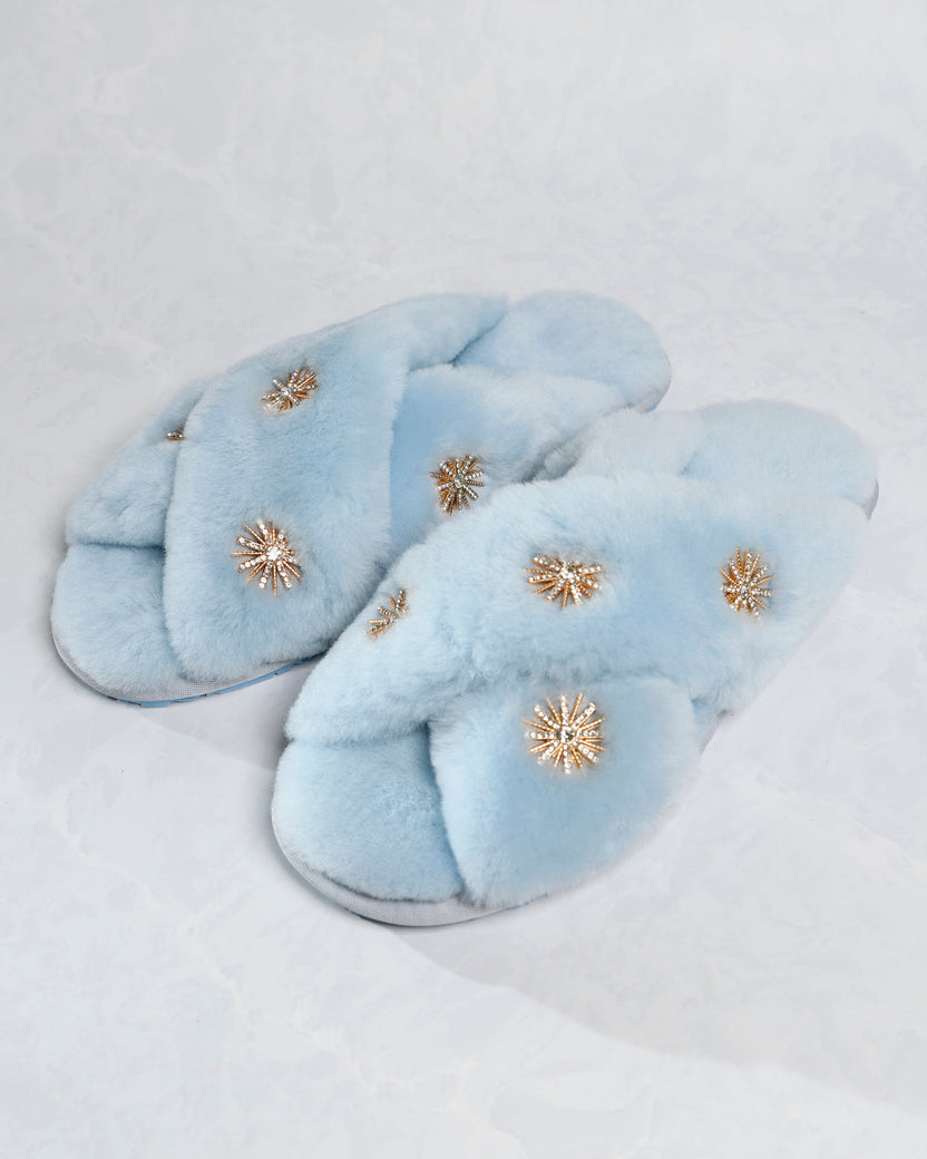 Dusty Blue - Sheepskin Slippers with Rhinestones - Pissenlit