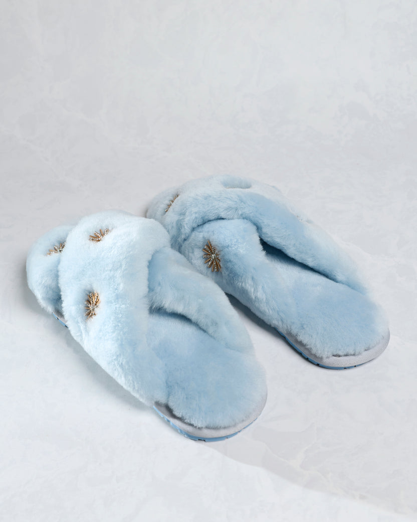 Dusty Blue - Sheepskin Slippers with Rhinestones - Pissenlit