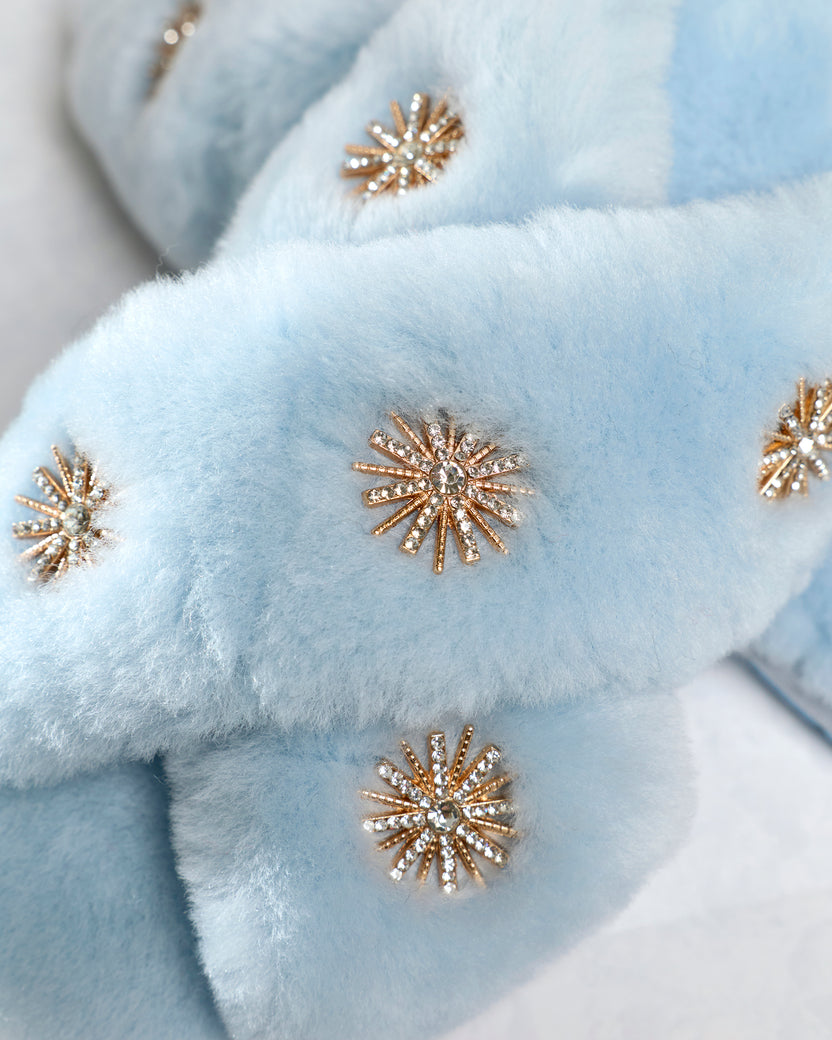 Dusty Blue - Sheepskin Slippers with Rhinestones - Pissenlit
