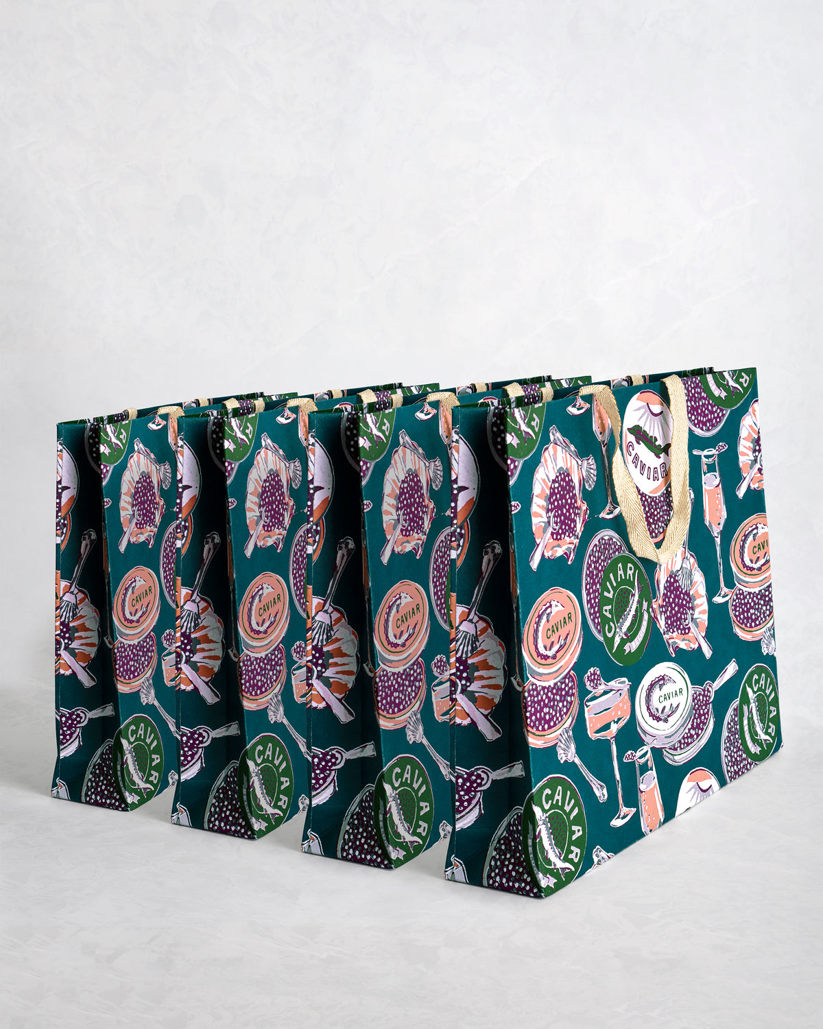 Champagne & Caviar - Set of 4 Handmade Gift Bags - Peacock Feather