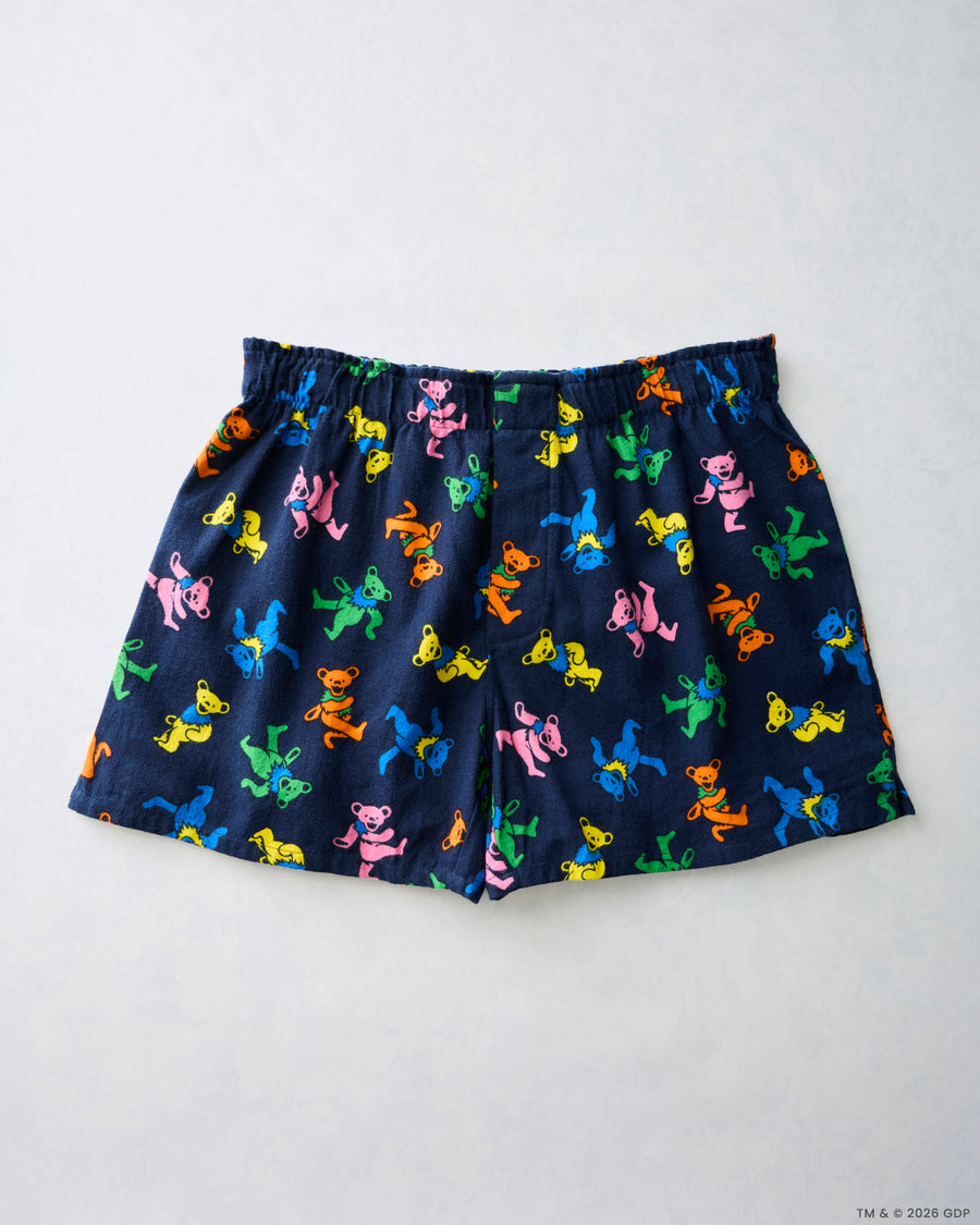 Navy Dancing Bears boxer shorts laid flat, patterned with colorful bear figures.