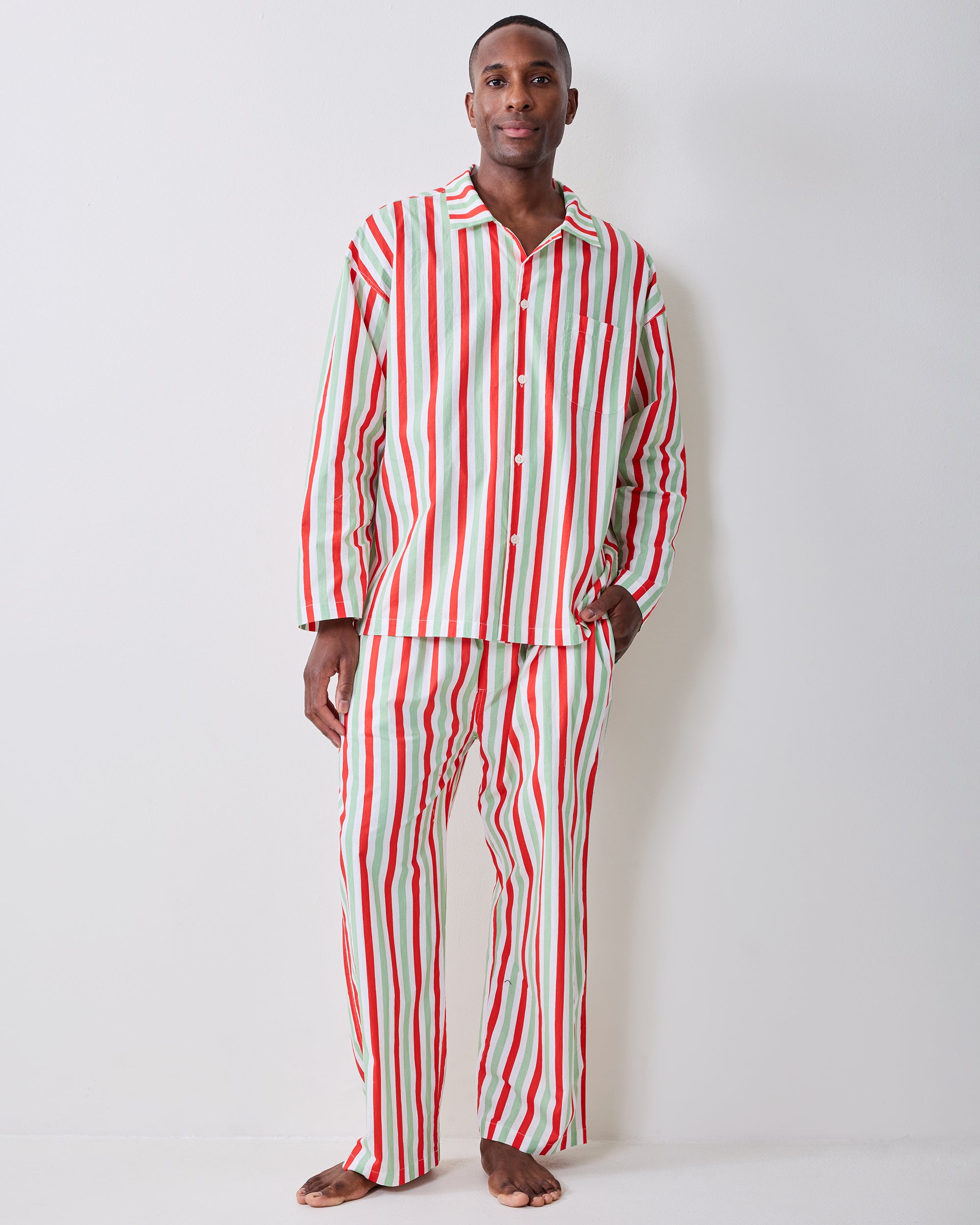 Men's Long PJ Set (Elf Stripes, Sage & Cherry)