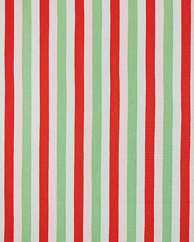 Close-up swatch of vertical red, green, pink, and white stripes for the Elf Stripes pajama pants.