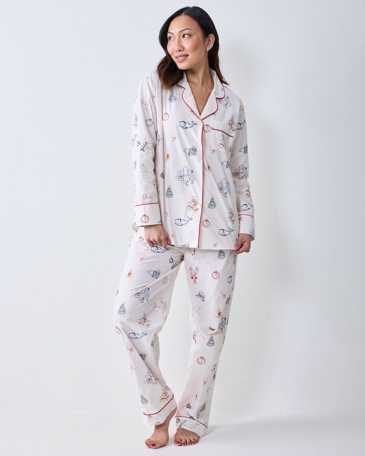 Full-body view of the Cloud long pajama set, showing the white printed button-front shirt and matching full-length pants.