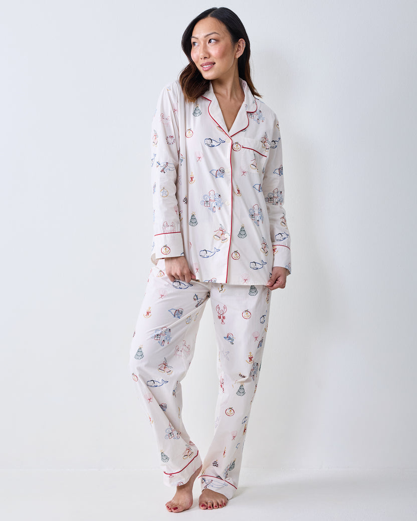 Full-body view of the Cloud long pajama set, showing the white printed button-front shirt and matching full-length pants.