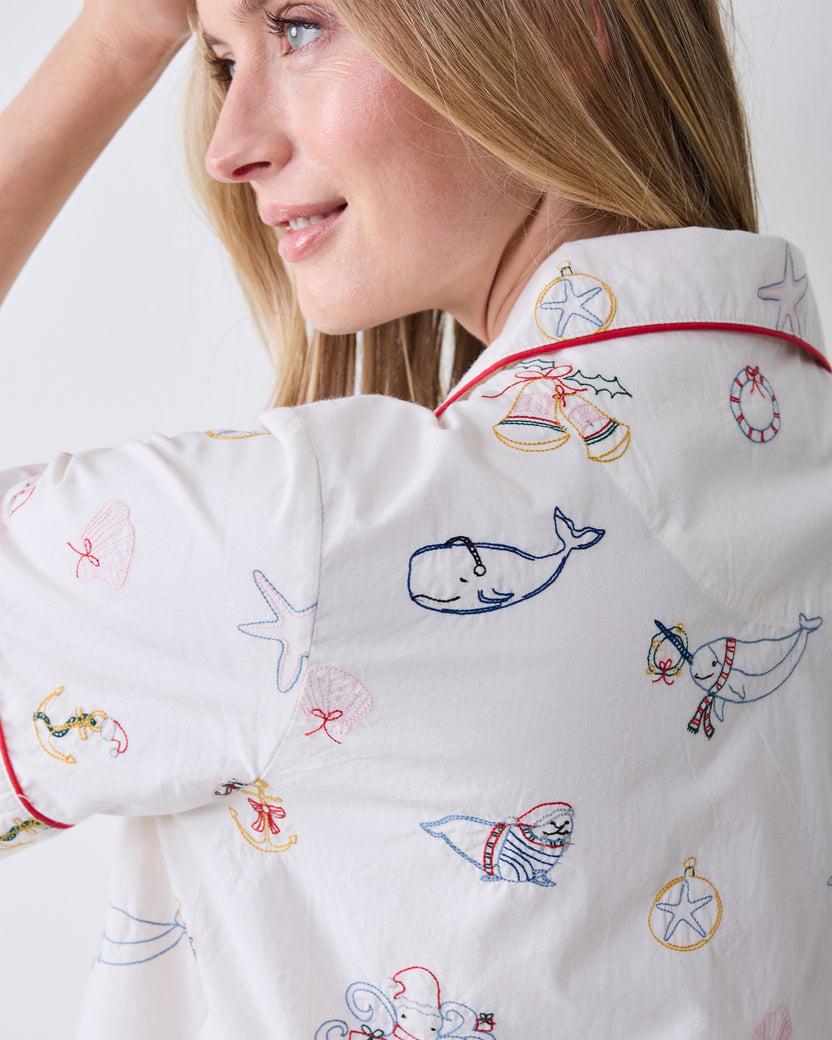 Embroidered Yule Tides - Short PJ Set - Cloud