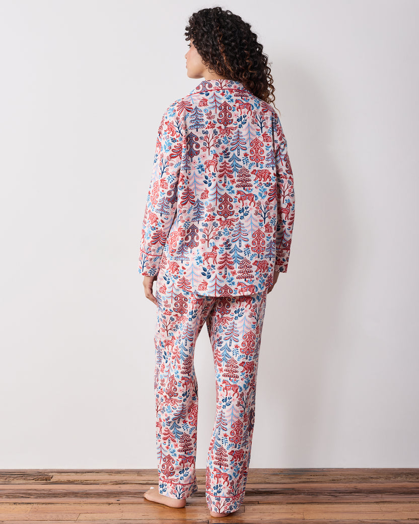 Back view of the cream Folklore Forest long pajama set with matching printed top and pants.