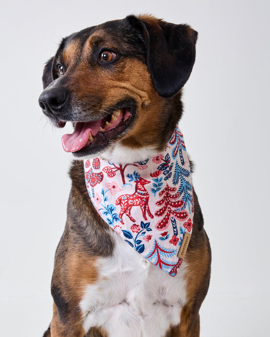 Dog wearing a cream pet bandana with a red, navy, and pink forest-inspired print.