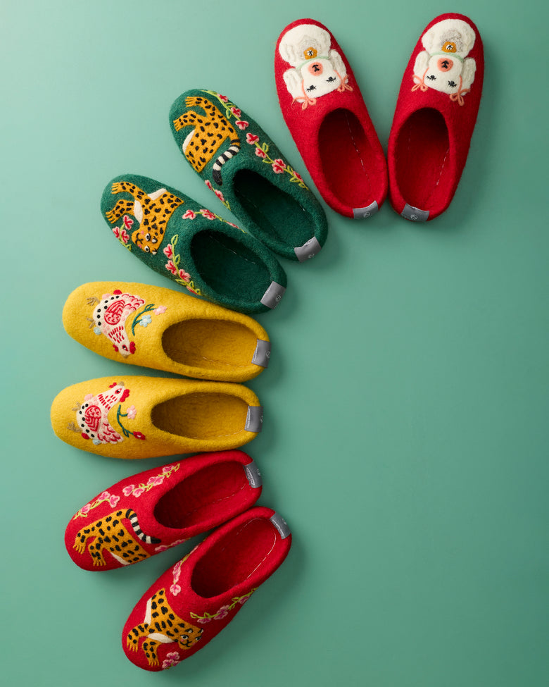 Several pairs of colorful slippers arranged on a teal background, featuring dog, leopard, and bird motifs in red, green, and yellow.