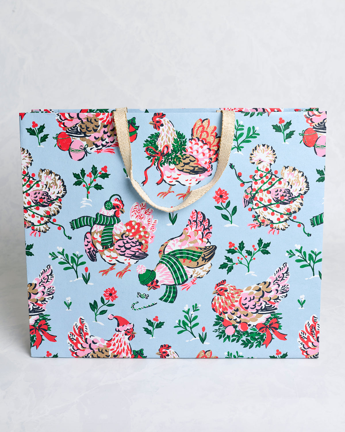 Holiday Hens - Handmade Gift Bag - Pale Blue