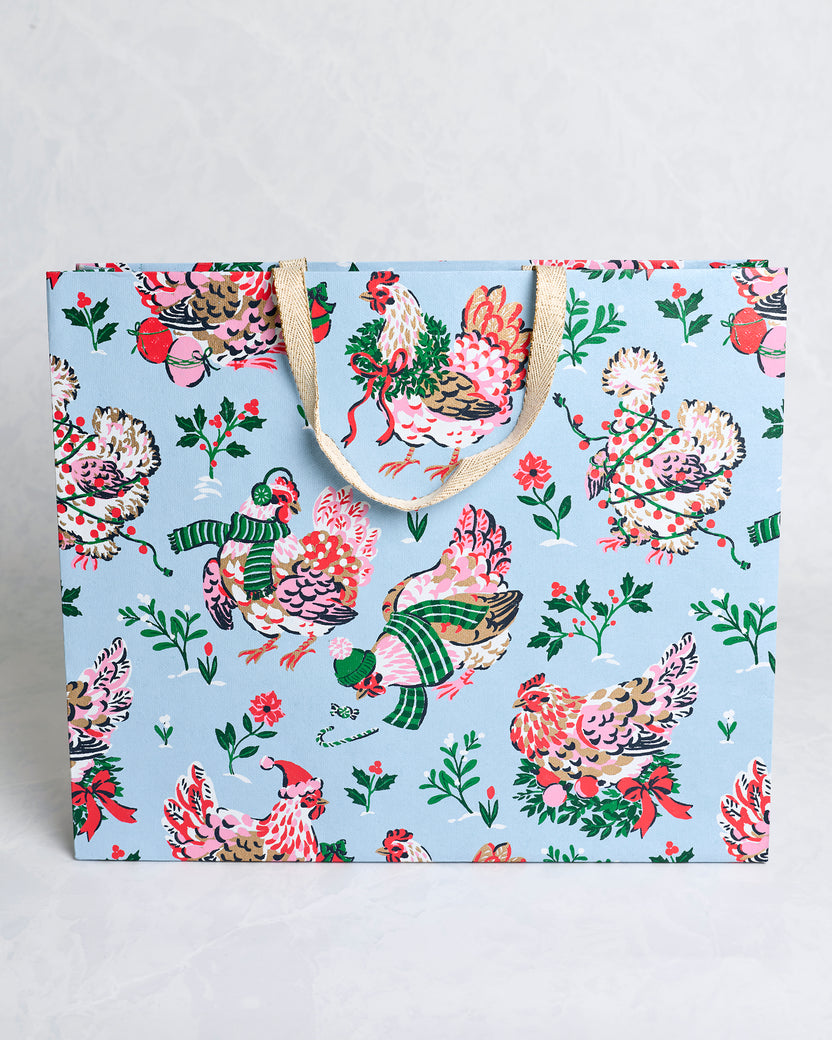Holiday Hens - Handmade Gift Bag - Pale Blue