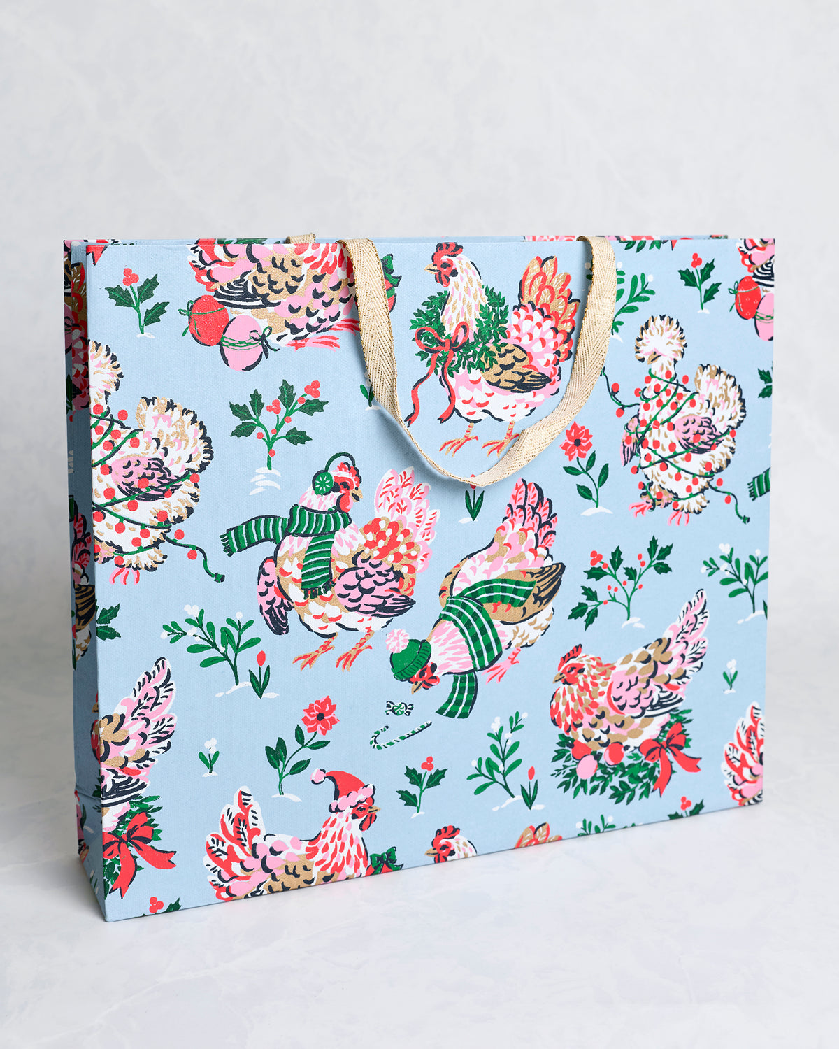 Holiday Hens - Handmade Gift Bag - Pale Blue