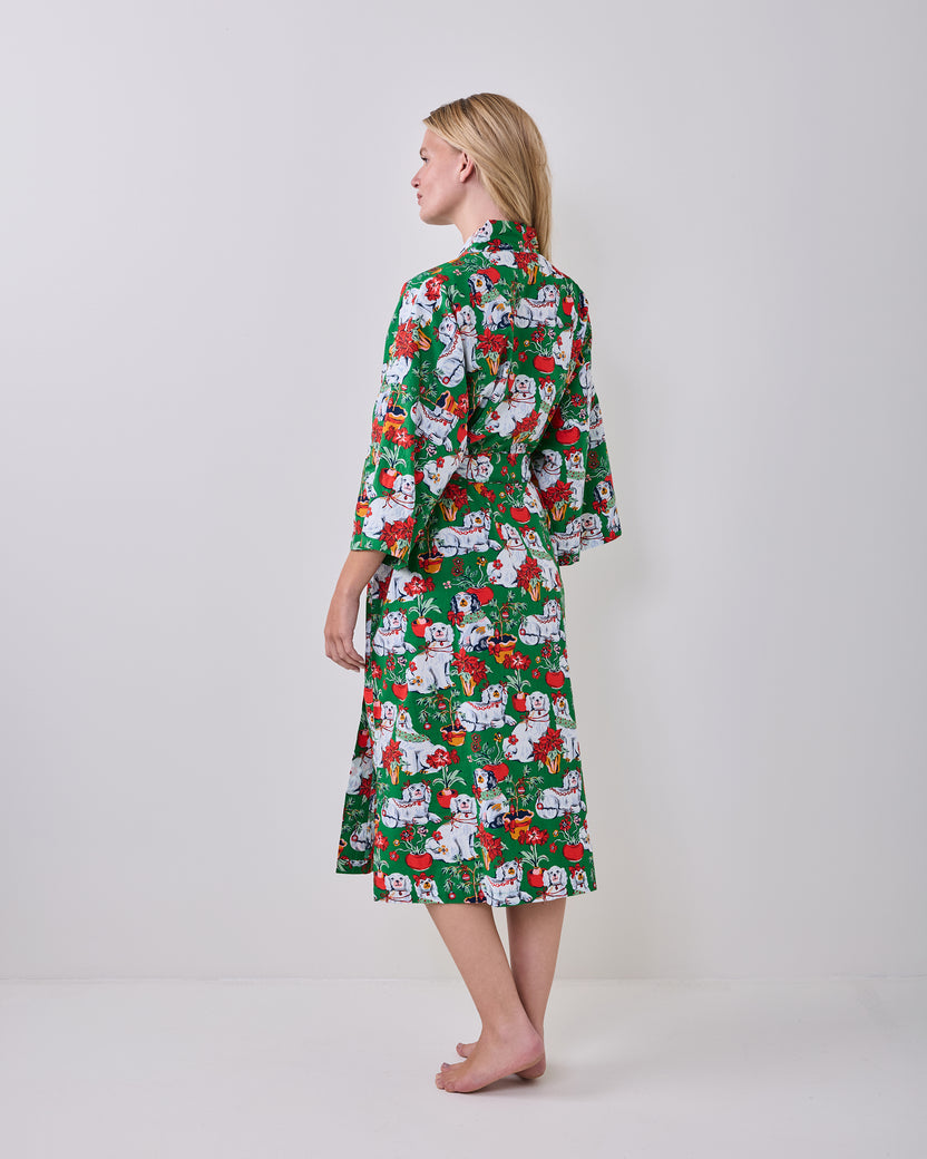 Back view of a person wearing the green printed long robe with a matching belt.