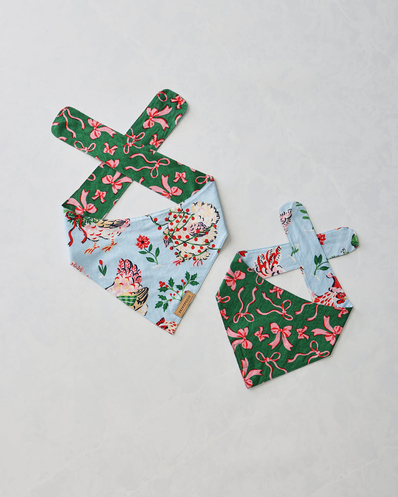 Two pet bandanas displayed flat: one pale blue with floral and hen print and one green with pink bow print.