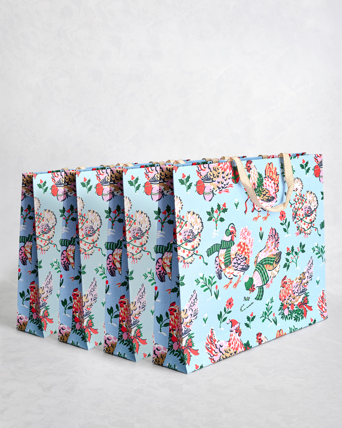 Holiday Hens - Set of 4 Handmade Gift Bags - Pale Blue