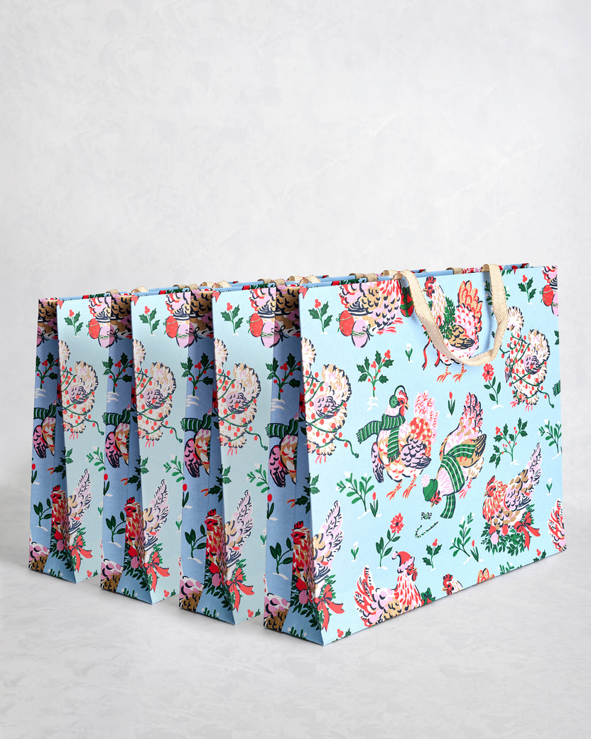 Holiday Hens - Set of 4 Handmade Gift Bags - Pale Blue
