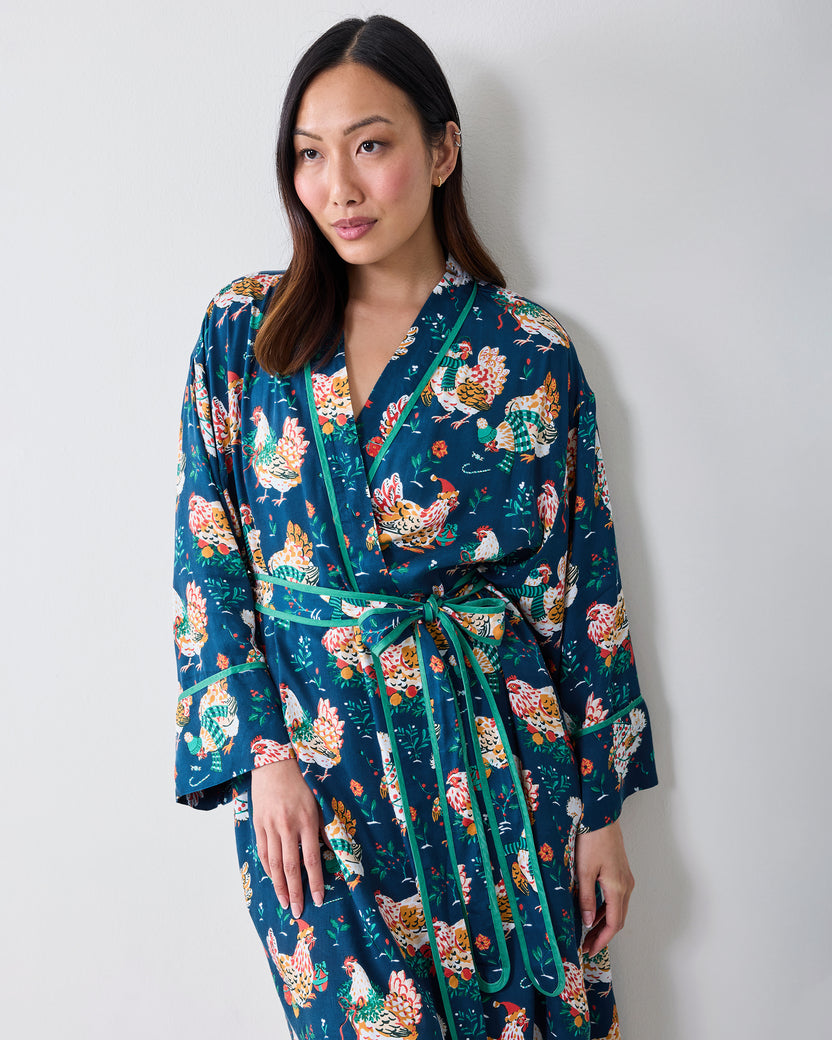 Front view of the Holiday Hens wrap robe showing the V-neck, long sleeves, belt, and chicken print.