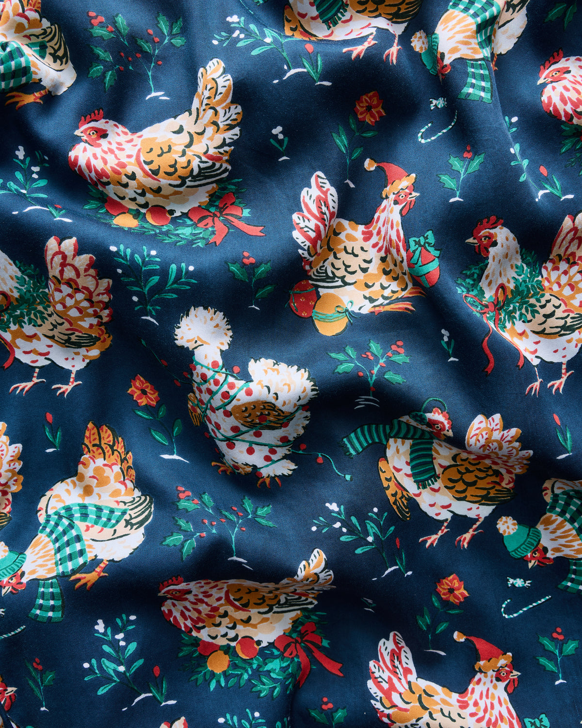 Winter Night Holiday Hens print with decorated chickens wearing scarves and holiday accessories