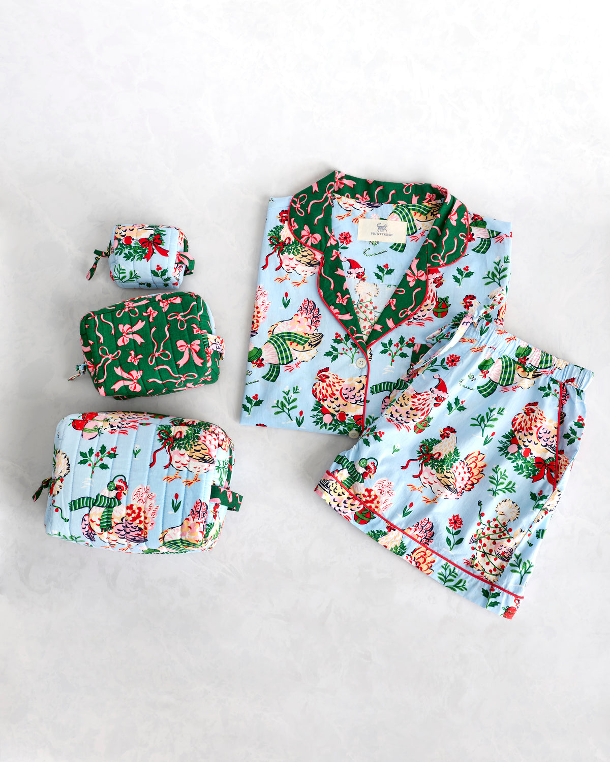 Holiday Hens - Short PJ Set & Three’s Best Quilted Pouch Set - Pale Blue