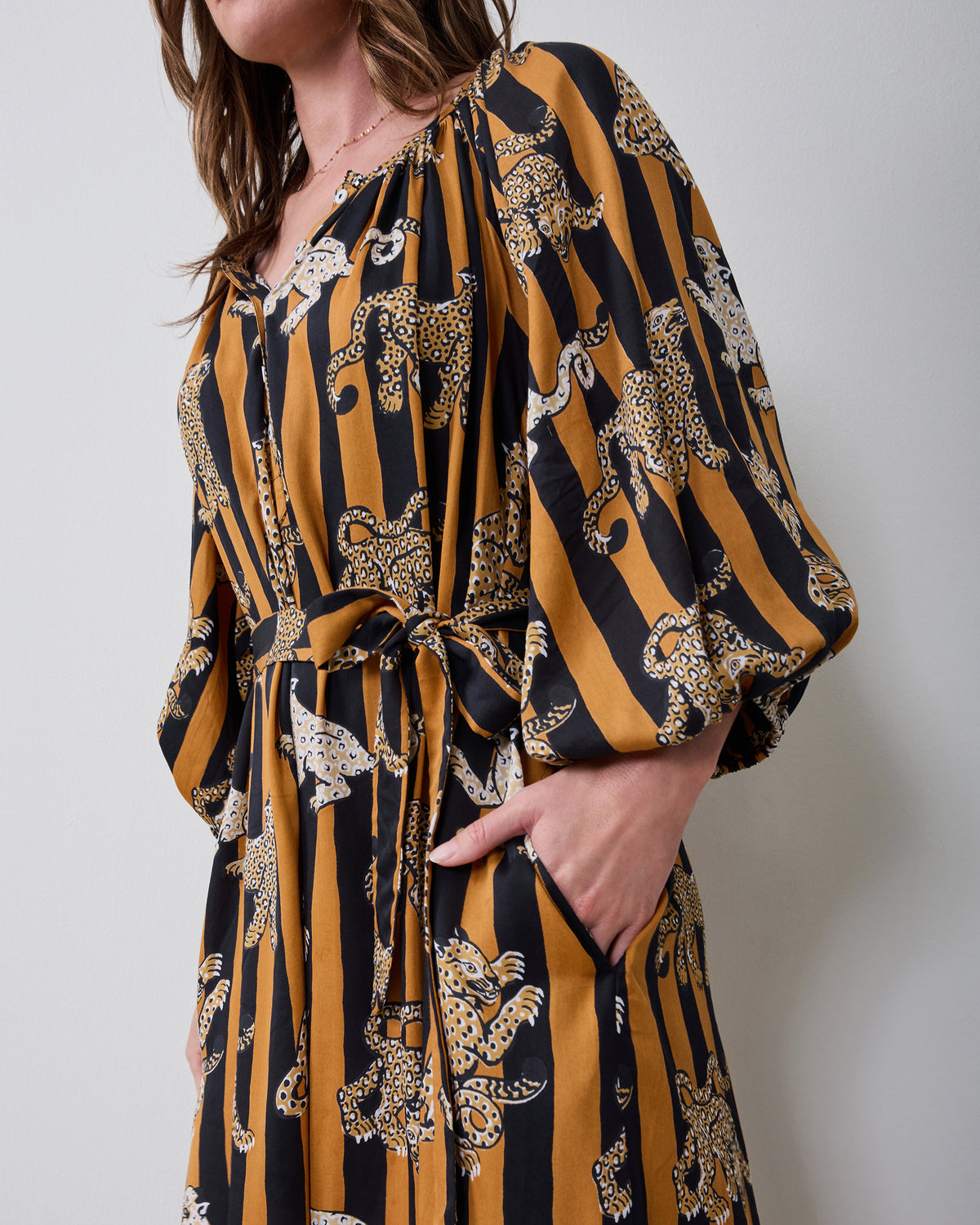 Close-up of the Felicity dress showing its leopard stripe print, tied waist belt, gathered sleeve, and side pocket.