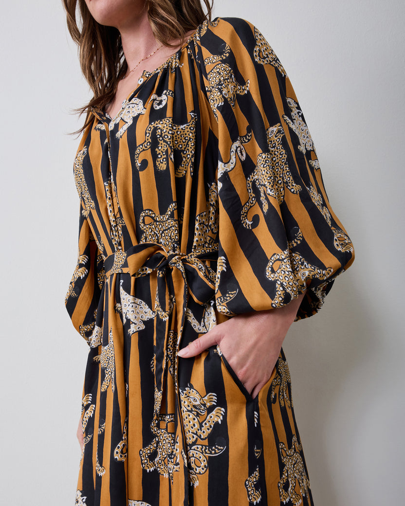 Close-up of the Felicity dress showing its leopard stripe print, tied waist belt, gathered sleeve, and side pocket.