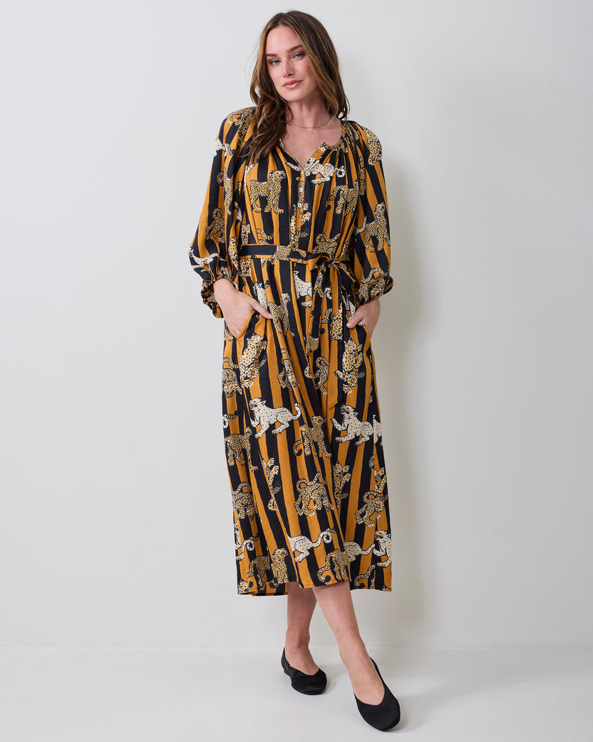 Full front view of the Leopard Stripes Felicity dress with long sleeves, a V-neckline, waist tie, pockets, and midi-length hem.