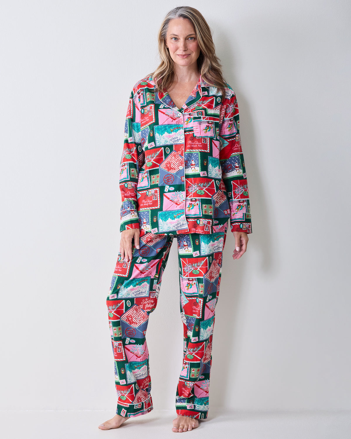 Full front view of the Letters to Santa long pajama set with a notched-collar shirt and matching straight-leg pants.