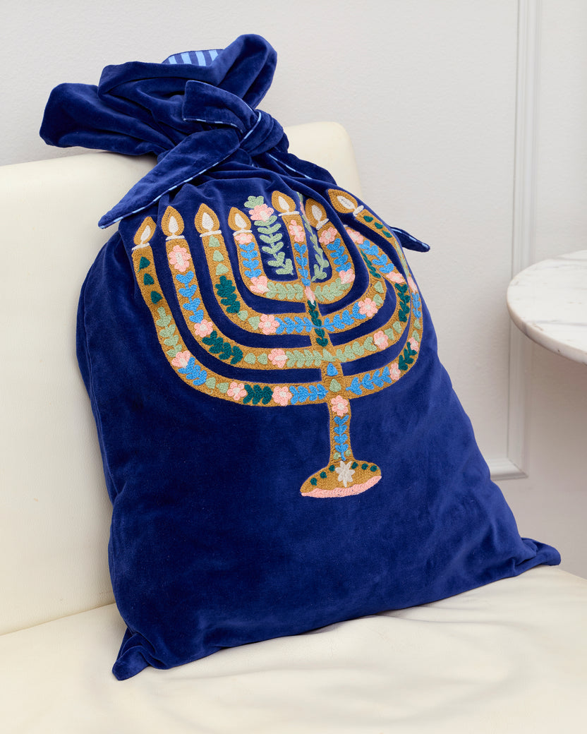 Love & Light - Embroidered Gift Sack - Hanukkah Blue
