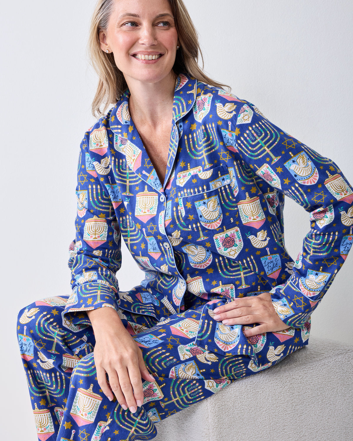 Love & Light - Petite Lightweight Flannel Long PJ Set - Hanukkah Blue