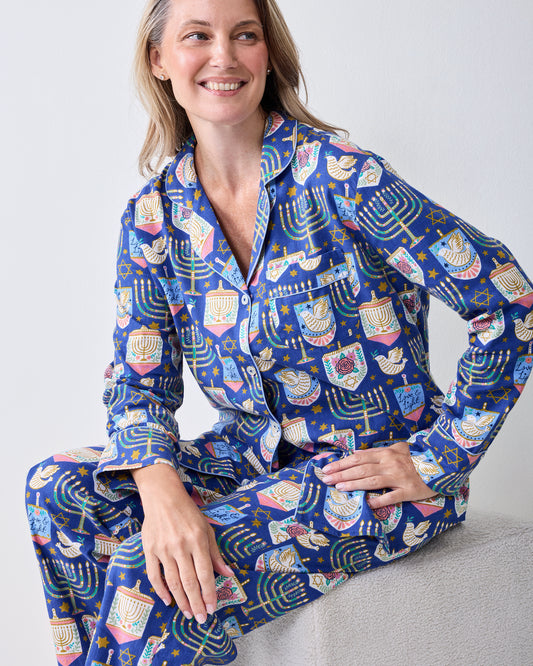 Love & Light - Petite Lightweight Flannel Long PJ Set - Hanukkah Blue
