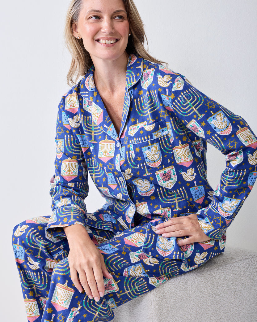 Love & Light - Petite Lightweight Flannel Long PJ Set - Hanukkah Blue