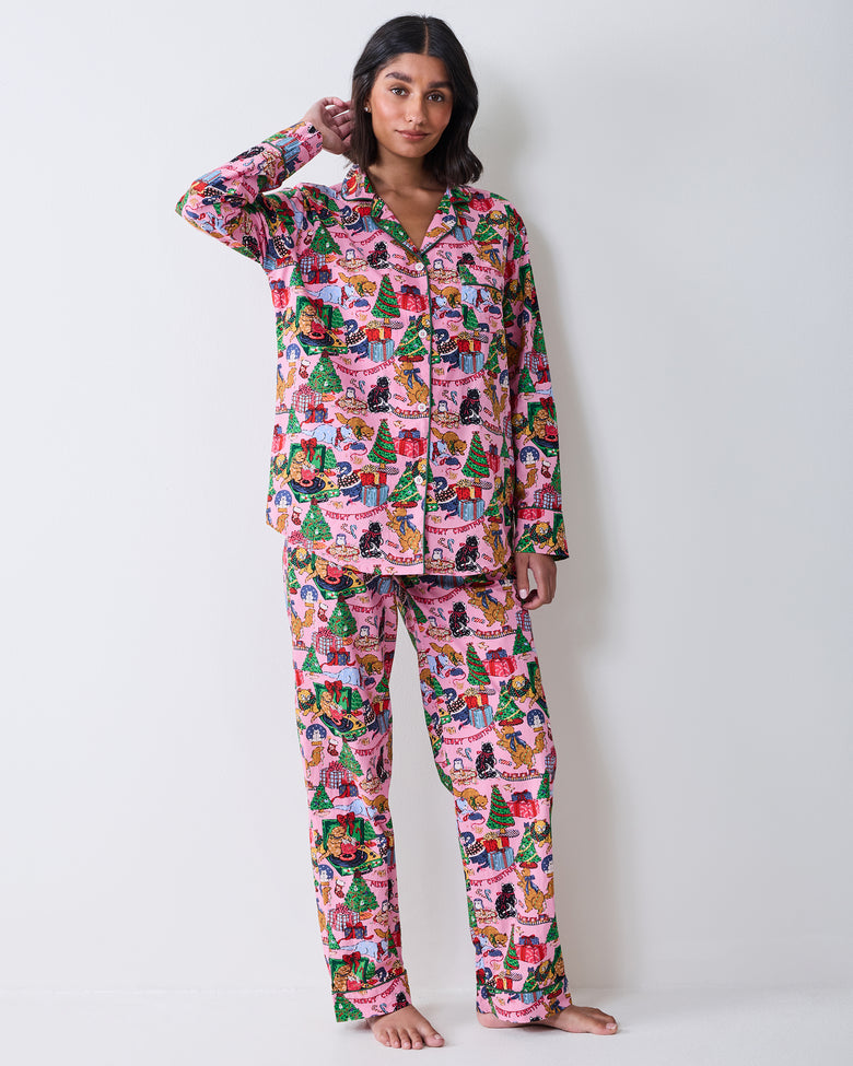 Front view of the candy pink long pajama set, showing the collared button-front top and matching full-length pants with a Christmas cat print.