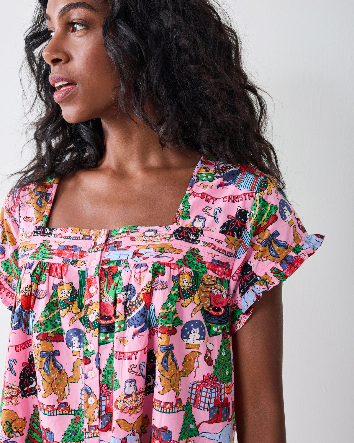 Meowy Christmas - Pintuck Nightgown - Candy Pink