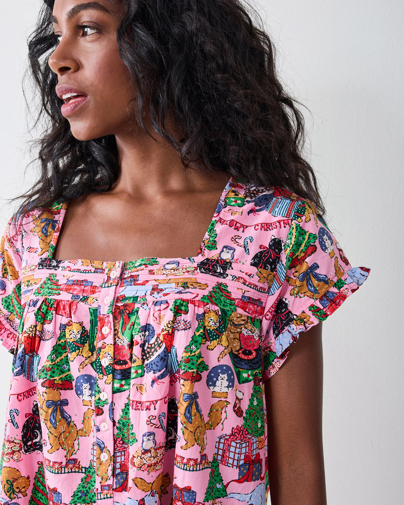 Meowy Christmas - Pintuck Nightgown - Candy Pink