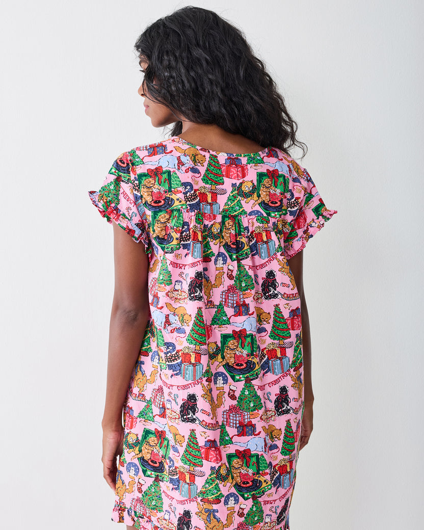 Back view of the Candy Pink Meowy Christmas pintuck nightgown, showing the gathered yoke, ruffled sleeves, and printed design.