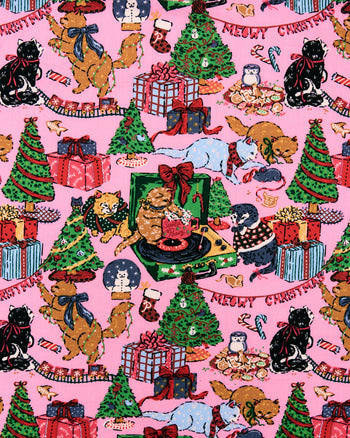 Candy pink Meowy Christmas print with cats, Christmas trees, gifts, and a record player