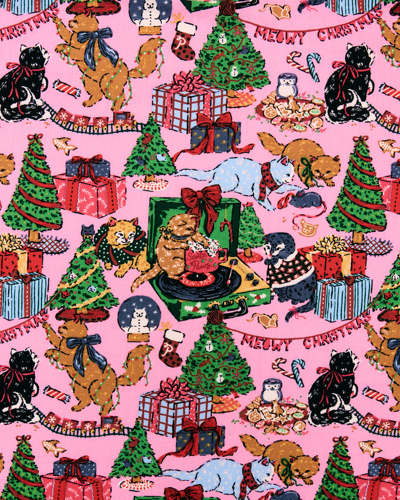 Candy pink Meowy Christmas print with cats, Christmas trees, gifts, and a record player