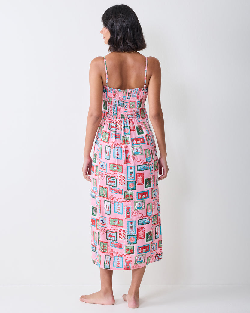 Back view of the pink Nautical Stamps Eco Satin Chic To Sleep Nightie, showing its thin straps and back neckline.