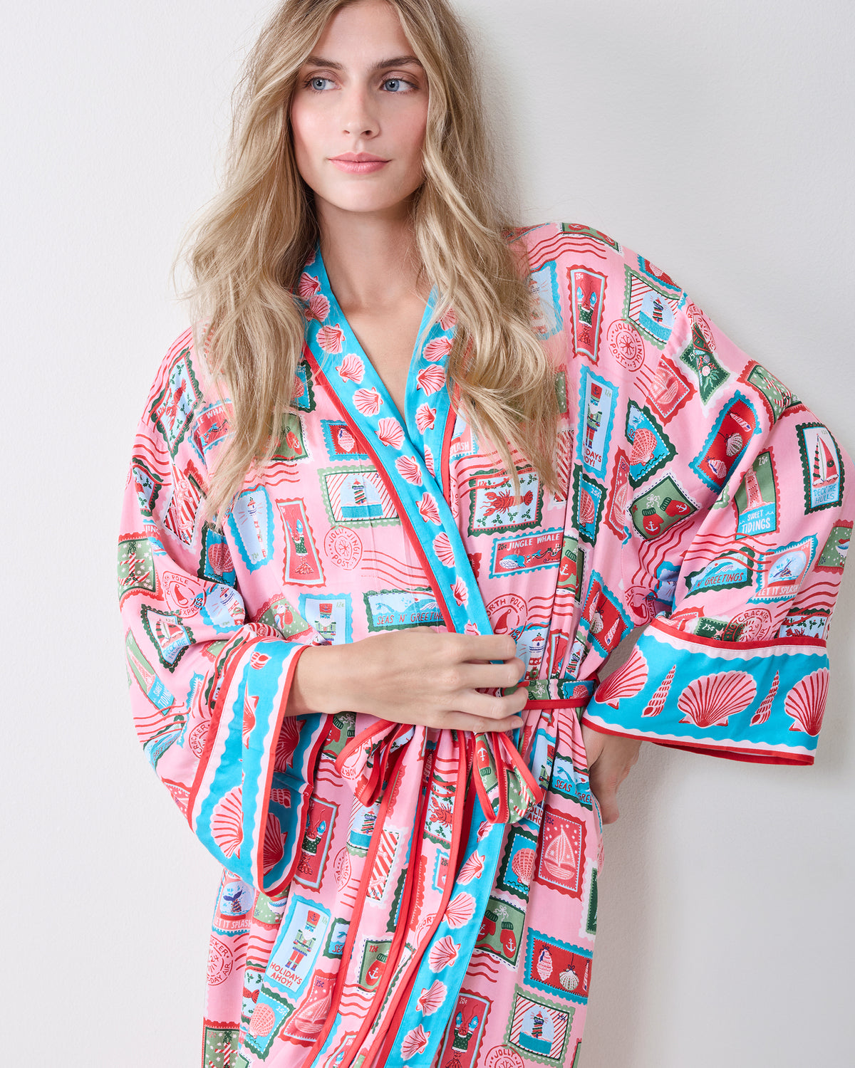 Front view of the Nautical Stamps robe with a matching belt, contrasting trim, and shell-themed stamp print.