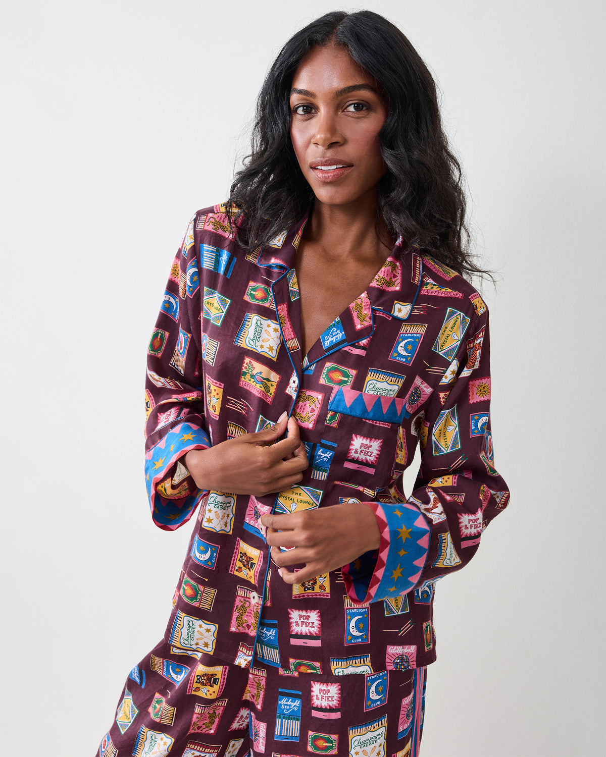 Front view of the Painted Matchbook Cabernet pajama top with notched collar, buttons, chest pocket, and patterned cuffs.