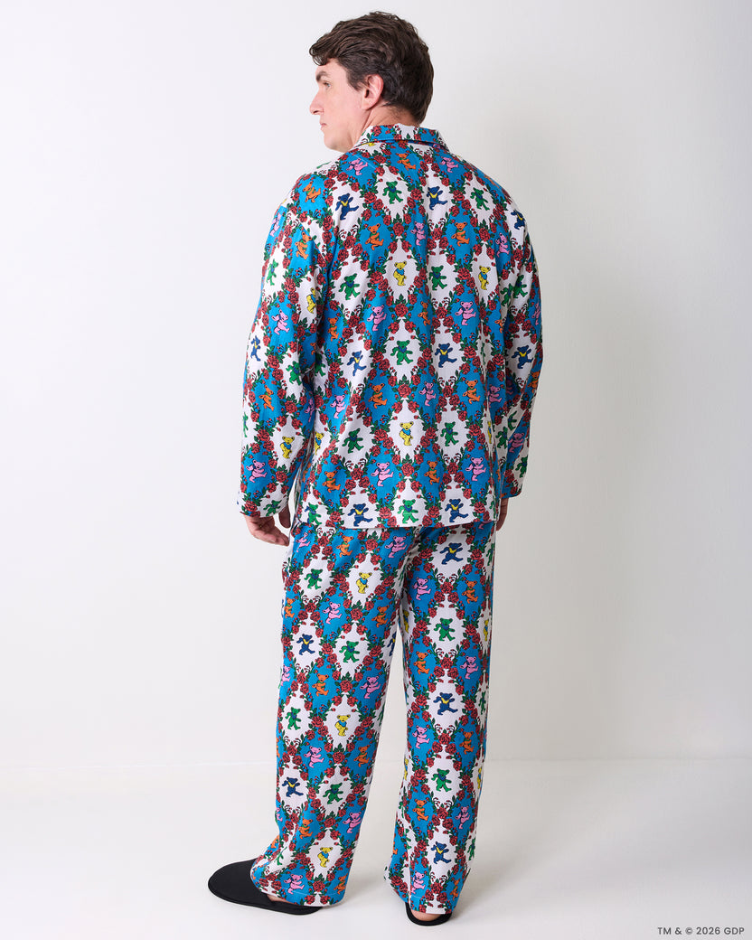 Model wearing the long bear-and-rose print pajama set, shown from the back.