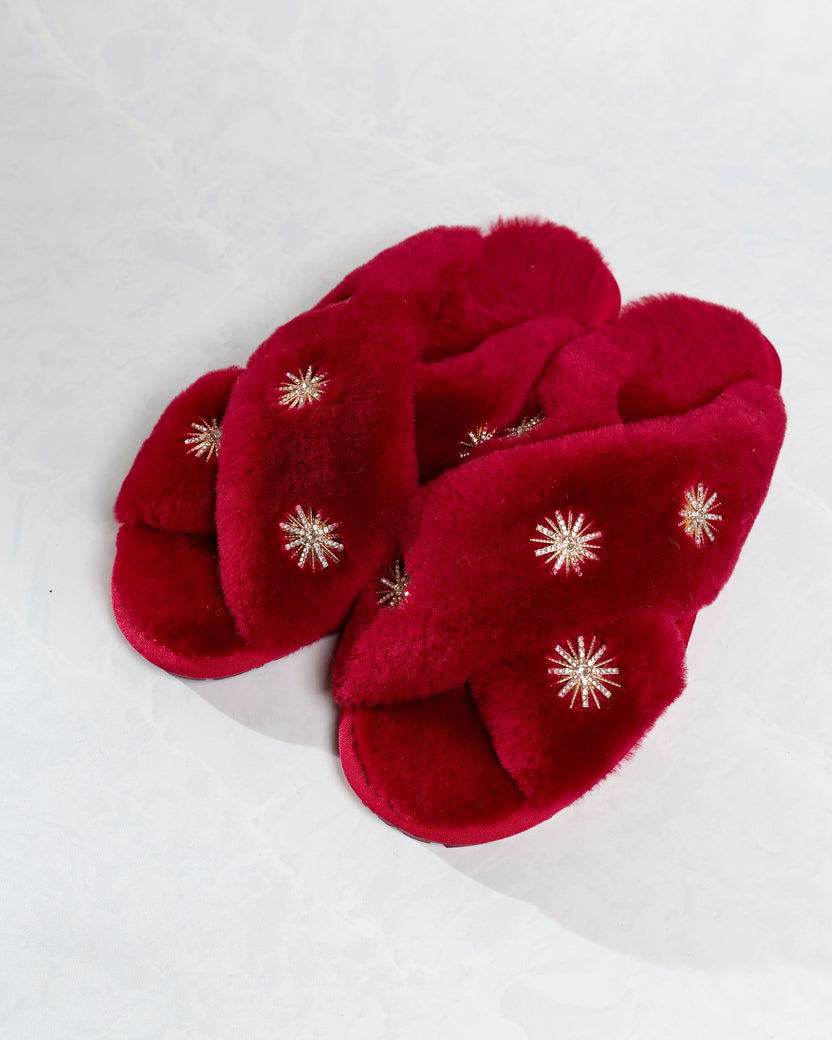 Wine - Sheepskin Slippers with Rhinestones - Pissenlit