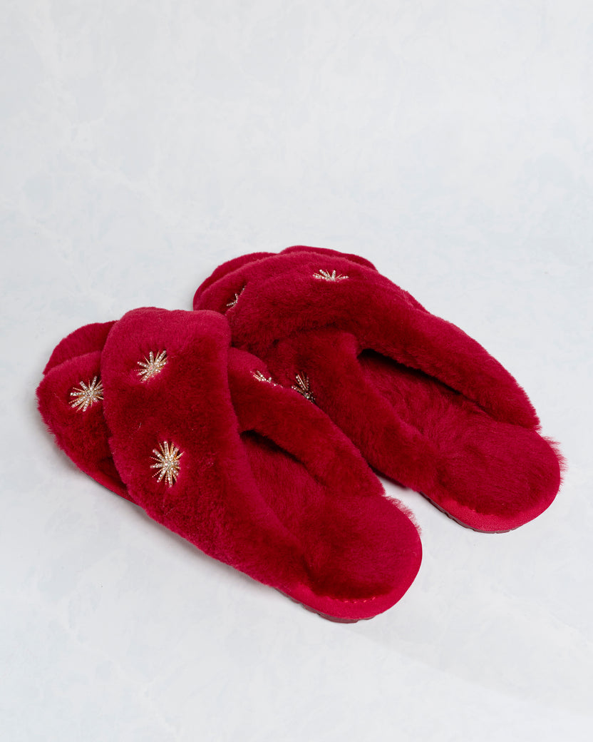 Wine - Sheepskin Slippers with Rhinestones - Pissenlit