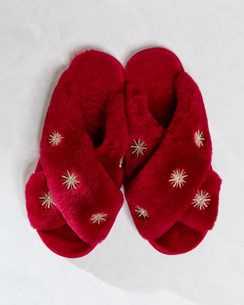 Wine - Sheepskin Slippers with Rhinestones - Pissenlit