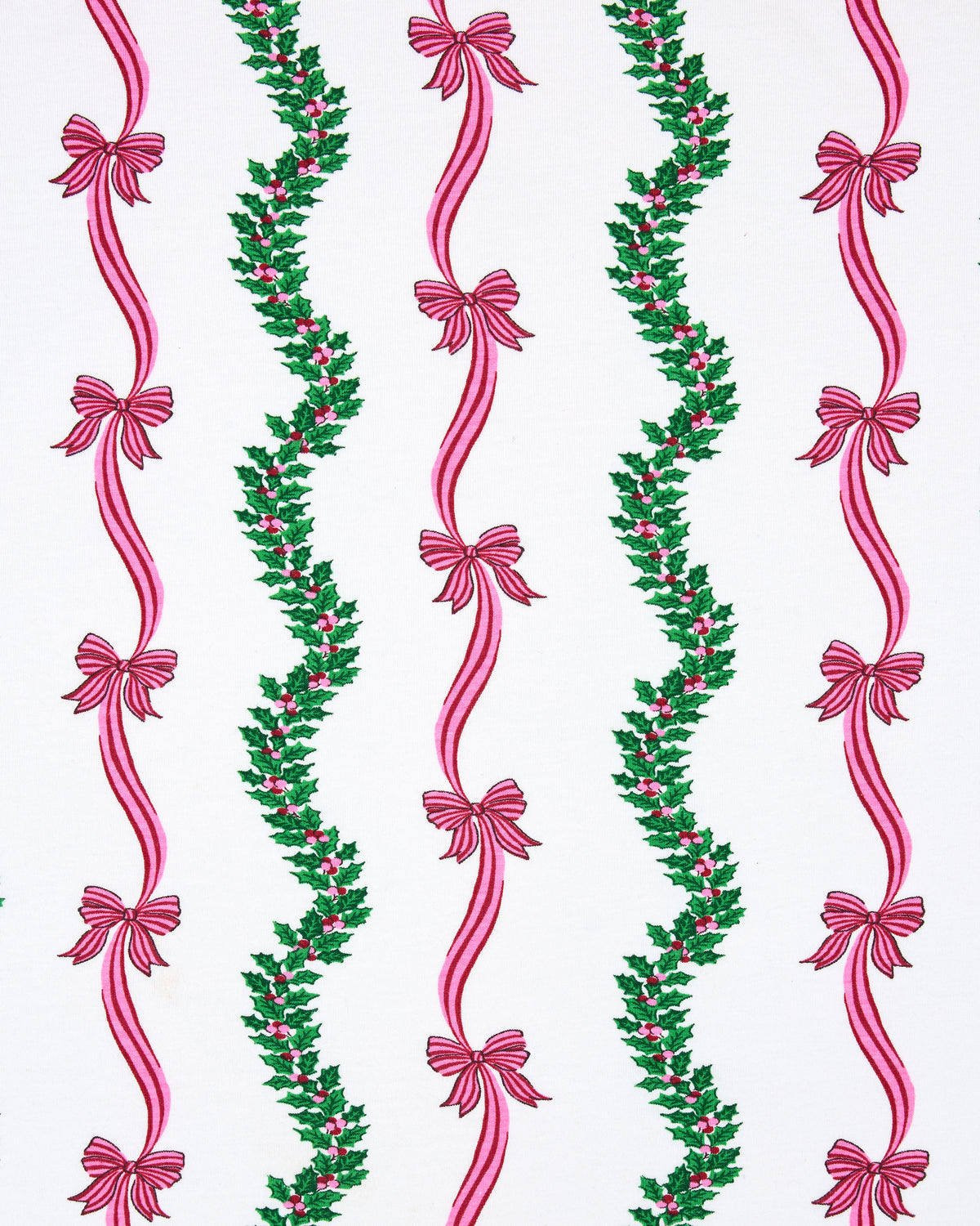 Flat view of the Ribbons & Bows Vanilla Cream print, showing repeated vertical green garlands and pink ribbon bows.