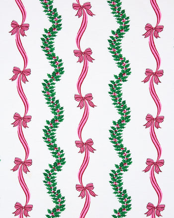 Flat view of the Ribbons & Bows Vanilla Cream print, showing repeated vertical green garlands and pink ribbon bows.